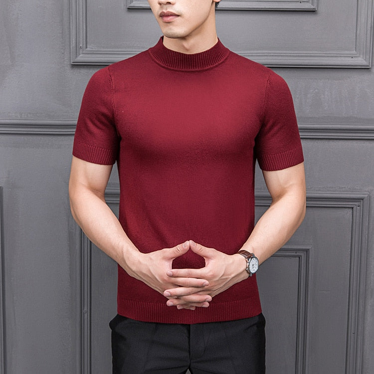 Brand New Autumn Men's Sweater Pure Color Semi-high Collar Knitting for Male Half-sleeved Sweaters Tops
