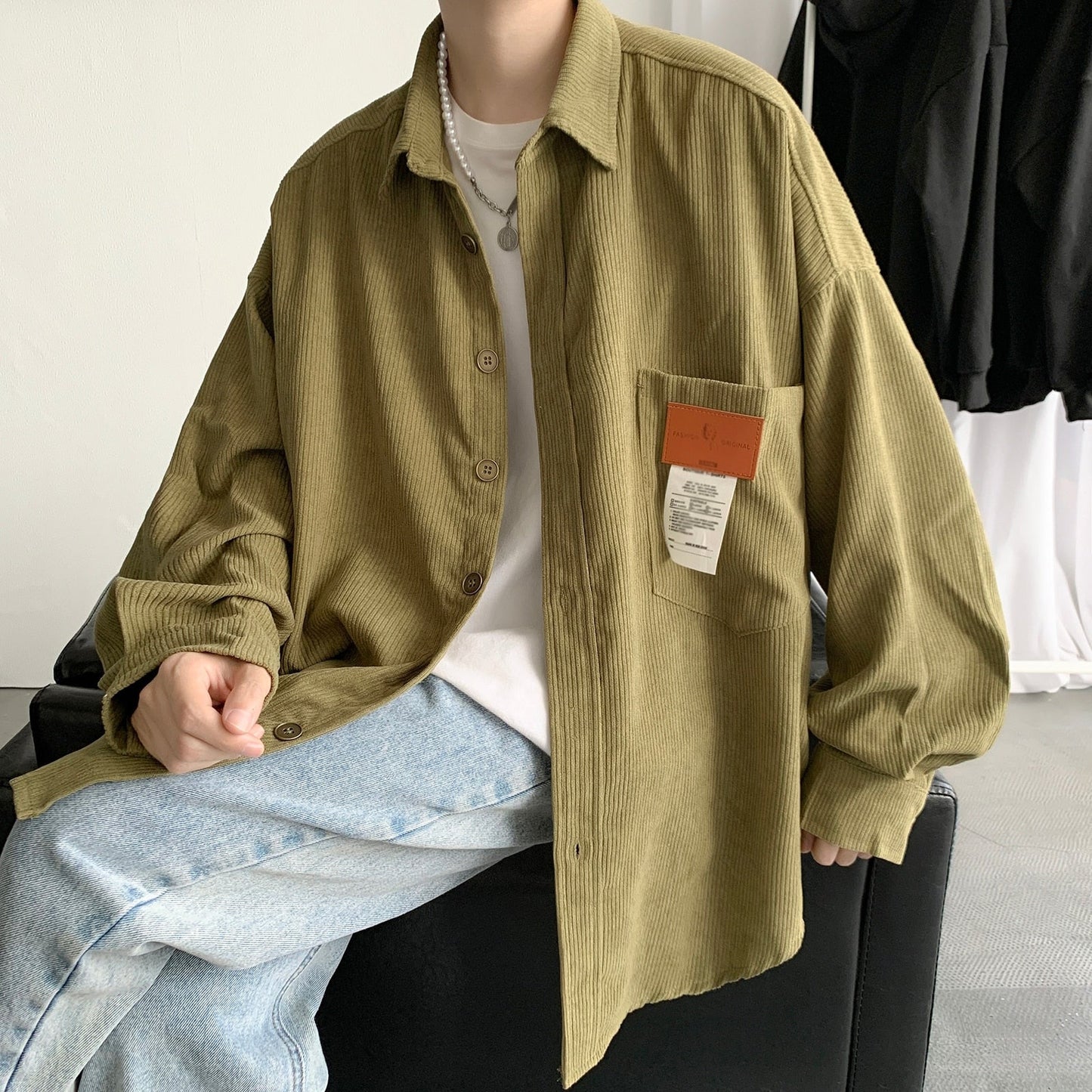 Men's Corduroy Long Sleeve Shirts Autumn Korean Shirt Unisex Fashion Casual Oversize Shirt Printed Clothing