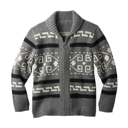 Men's Lapel Cardigan Printed Decor European And American Hand Knitting Wool Soft Stretchy Coat Loose Various Size Male Sweater