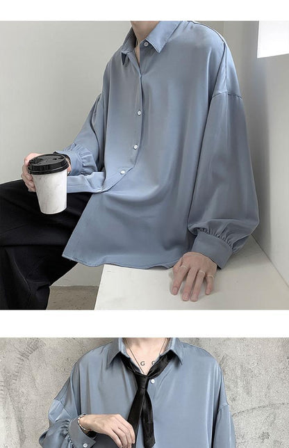 Black Long-sleeved Shirts Men Korean Comfortable Blouses Casual Loose Single Breasted Shirt With Tie