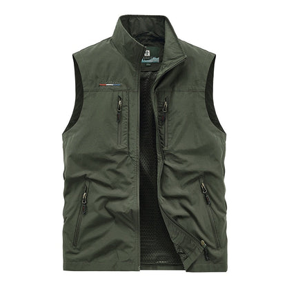Men's Leisure Vest Solid Color Tooling Style Waistcoat Thin Fishing Hiking Multi-Pocket Casual Loose Vest for Men