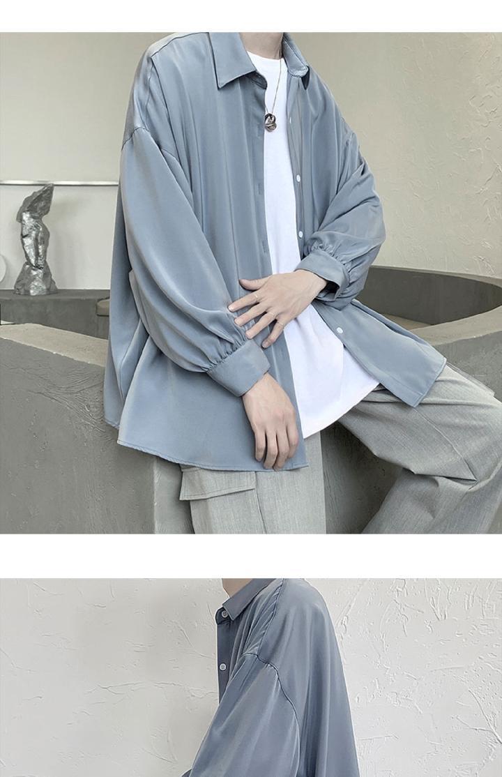 Black Long-sleeved Shirts Men Korean Comfortable Blouses Casual Loose Single Breasted Shirt With Tie