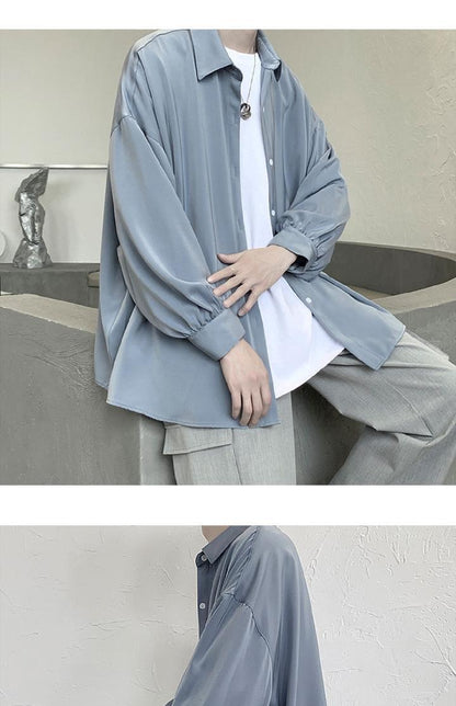 Black Long-sleeved Shirts Men Korean Comfortable Blouses Casual Loose Single Breasted Shirt With Tie