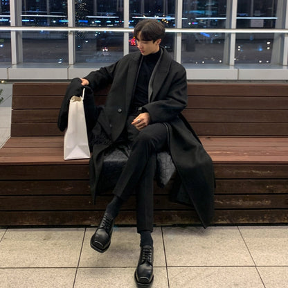 Korean Trend Men's Loose Casual Single-breasted Overcoat Autumn Winter Fashion New Long Sleeve Woolen Long Coat