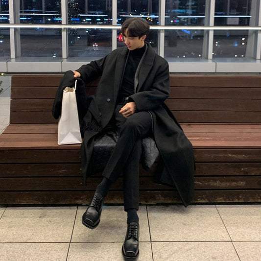 Korean Trend Men's Loose Casual Single-breasted Overcoat Autumn Winter Fashion New Long Sleeve Woolen Long Coat