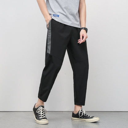 Korean Summer Men'S Thin Splicing 9-Point Pants Ice Silk Ventilation Trend Straight Tube Loose Elastic Legged Casual Trousers