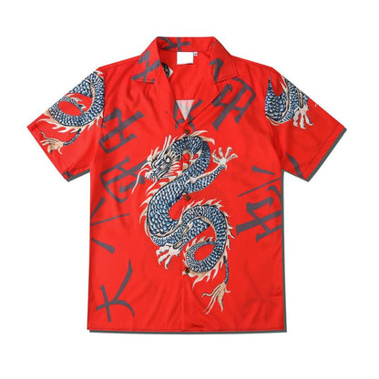 Harajuku Men Shirts Black Flower Print Short Sleeve Single Breasted Loose Shirt  Hip Hop Beach Casual Streetwear Unisex