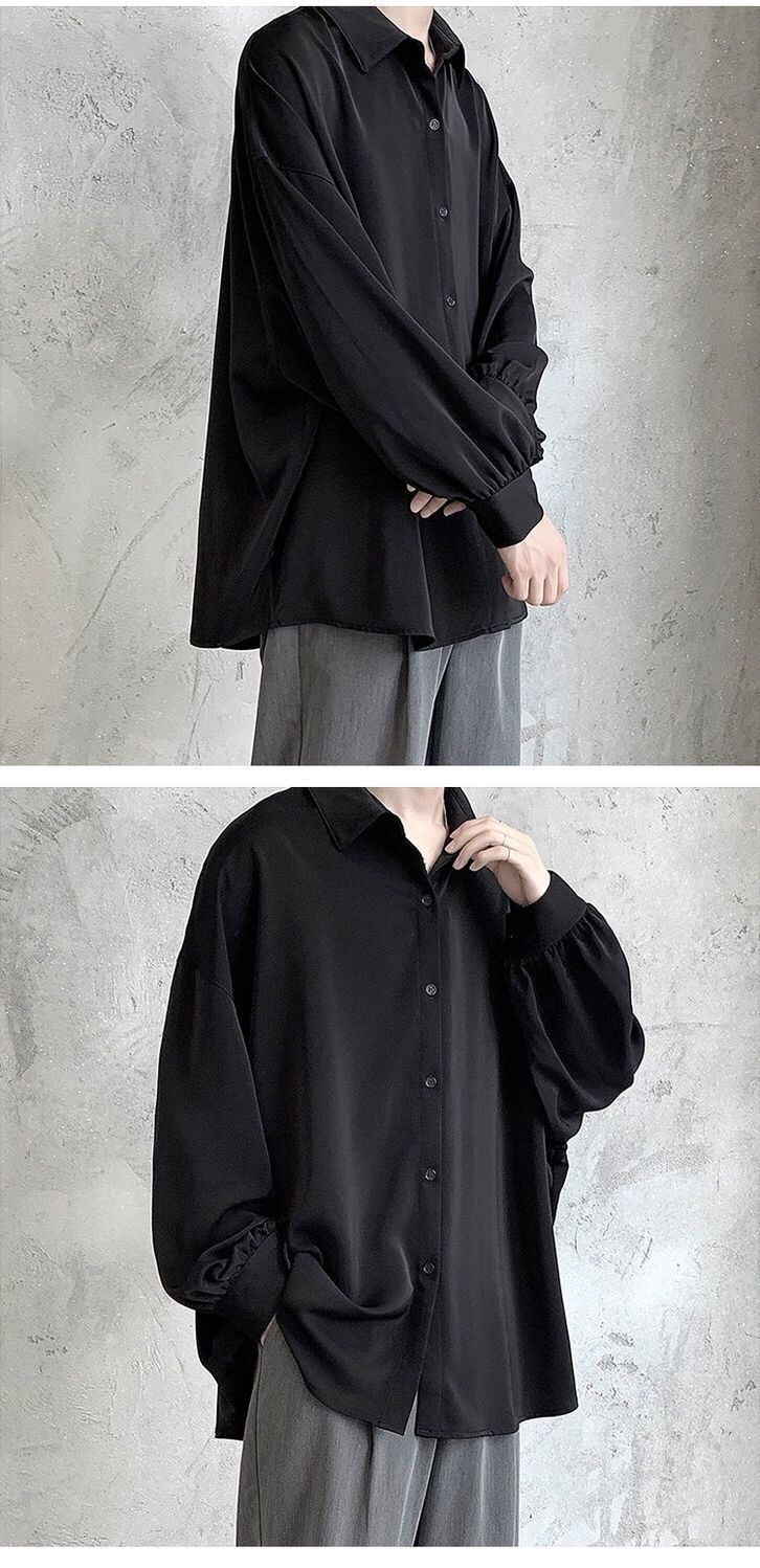 Black Long-sleeved Shirts Men Korean Comfortable Blouses Casual Loose Single Breasted Shirt With Tie