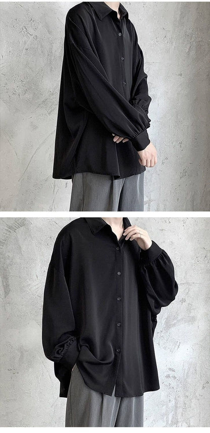 Black Long-sleeved Shirts Men Korean Comfortable Blouses Casual Loose Single Breasted Shirt With Tie
