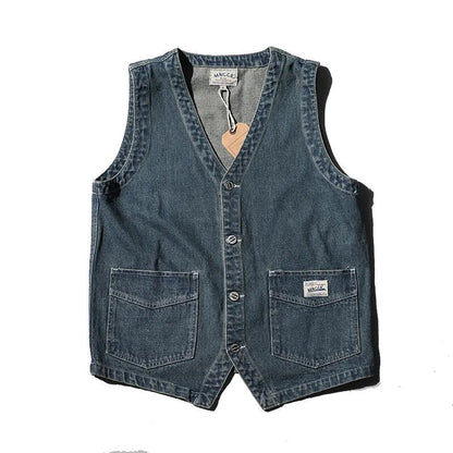 Retro Denim Vest Men Sleeveless Cargo Harajuku Style Tooling Jean Jacket Cowboy Fashion Wasitcoat Men'S Clothing