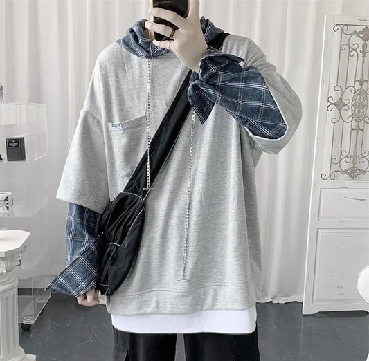 saferido Hooded sweater men's autumn Korean fashion versatile top loose fake two striped hip hop handsome coat