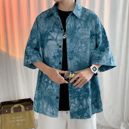 saferido HIP HOP Tie dyed ice silk 5-sleeve shirt men's spring summer ins design couple minority half sleeve drape shirt camisa masculina