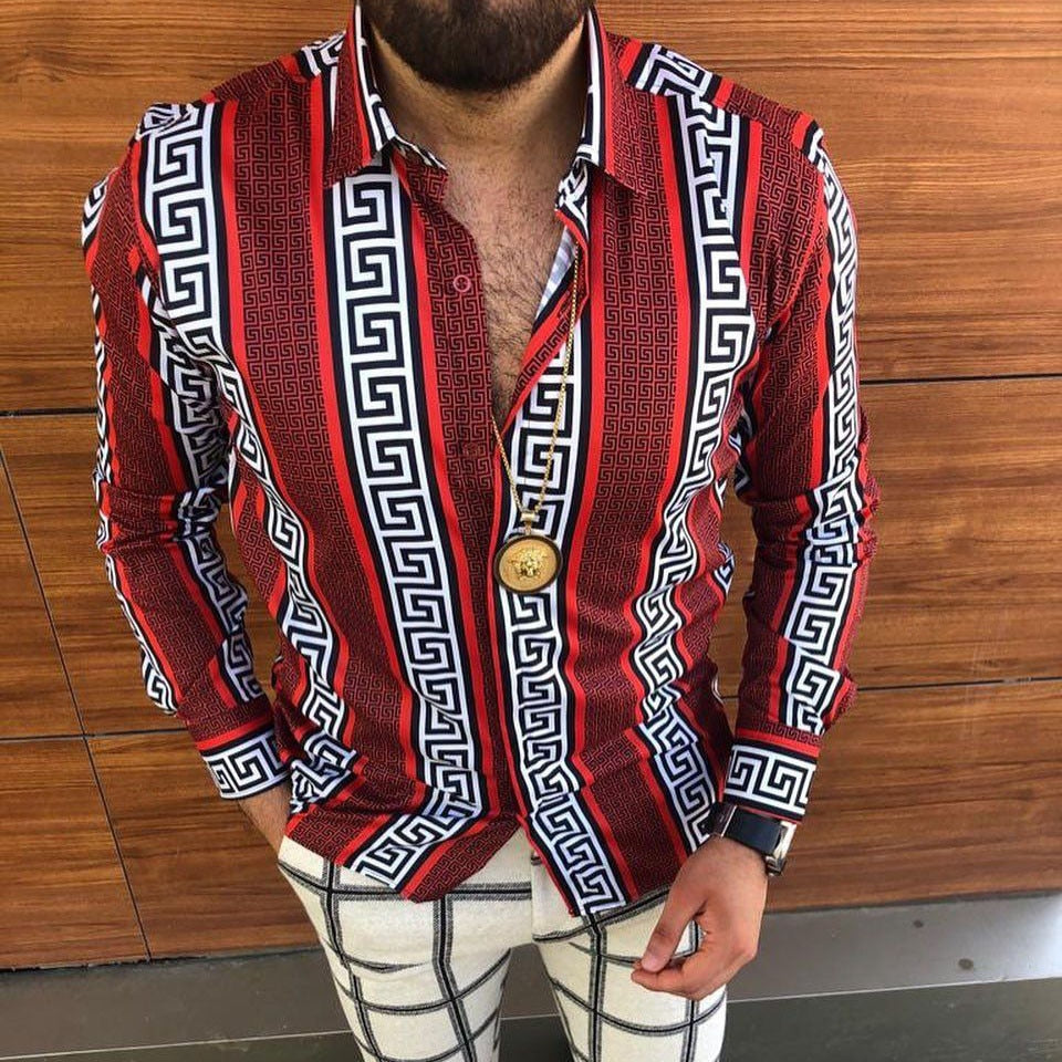 Men's patchwork printed casual shirt Street decoration body Color long sleeve shirt top Men's autumn silk digital printed shirt