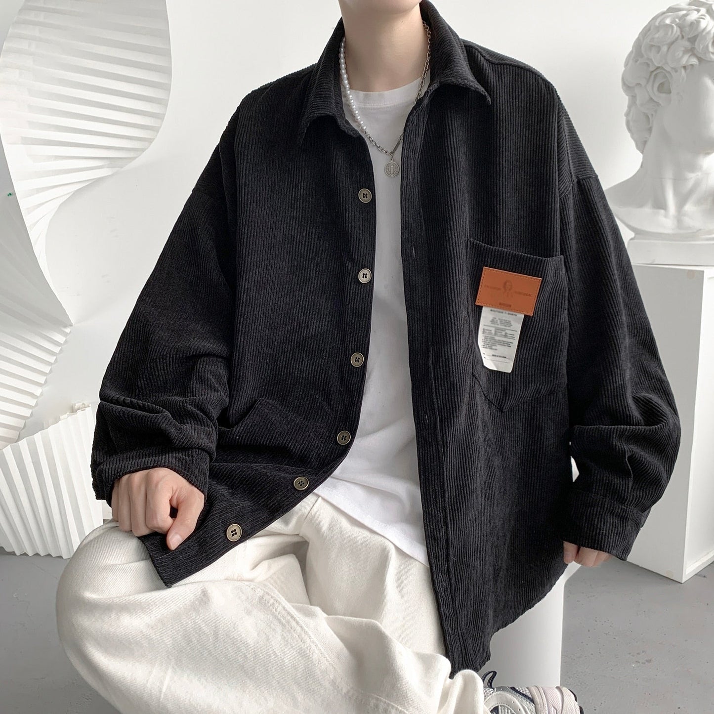 Men's Corduroy Long Sleeve Shirts Autumn Korean Shirt Unisex Fashion Casual Oversize Shirt Printed Clothing