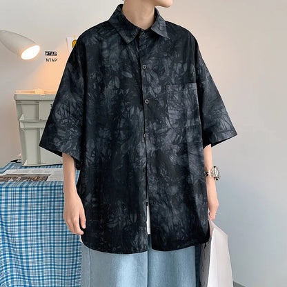 saferido HIP HOP Tie dyed ice silk 5-sleeve shirt men's spring summer ins design couple minority half sleeve drape shirt camisa masculina