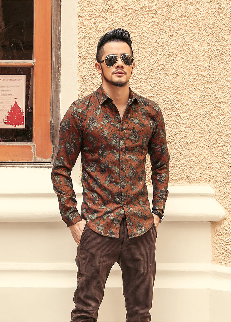 Autumn Men's Long Sleeve Shirt Lapel Print Shirts for Men Classic Vintage Shirt Casual Streetwear Tops Slim Fit Handsome Blouse