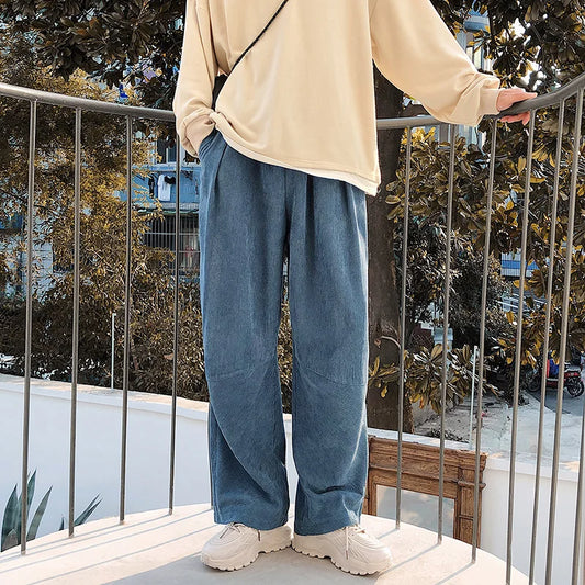 saferido Men's Corduroy Solid Color Casual Pants Retro Loose Wide Legs Pants Streetwear Hip Hop Trousers Fashion Oversized Sweatpants