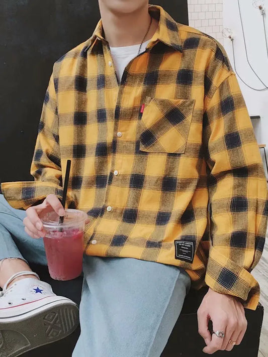 saferido Men Harajuku Color Block Plaid Shirt Mens Streetwear Thick Shirts Long Sleeve Male Vintage Korean Fashions Clothes