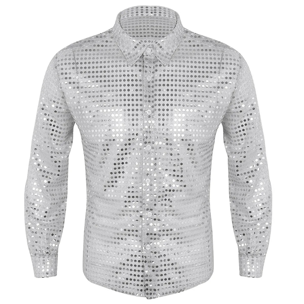 Men Casual Slim Fit Shiny Gold Sequins See Through Mesh Shirt Prom Tops Night Club Wear Disco Shirt Dance Performance Tops