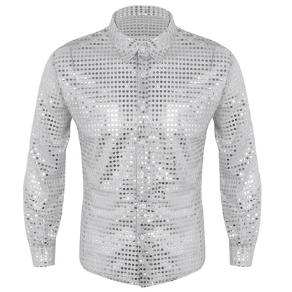Men Casual Slim Fit Shiny Gold Sequins See Through Mesh Shirt Prom Tops Night Club Wear Disco Shirt Dance Performance Tops