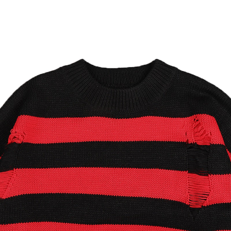 Hip Hop Striped Knitted Sweater Mens Womens Harajuku Hole Knit Jumpers Oversized Streetwear Casual Loose O-Neck Pullover Couples