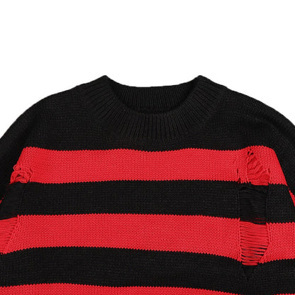 Hip Hop Striped Knitted Sweater Mens Womens Harajuku Hole Knit Jumpers Oversized Streetwear Casual Loose O-Neck Pullover Couples