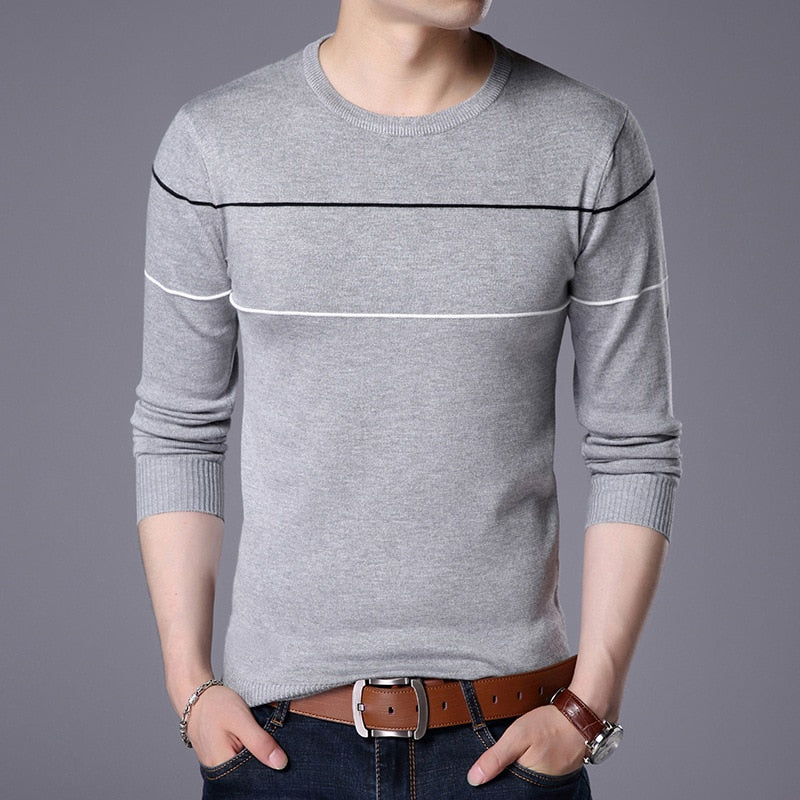 Autumn Men's Knitted Sweater T Shirt Comfy O Neck Long Sleeve Pullover Stripe Patchwork Jumper Casual Bottoming Shirt for Winter