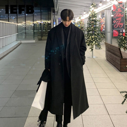 Korean Trend Men's Loose Casual Single-breasted Overcoat Autumn Winter Fashion New Long Sleeve Woolen Long Coat
