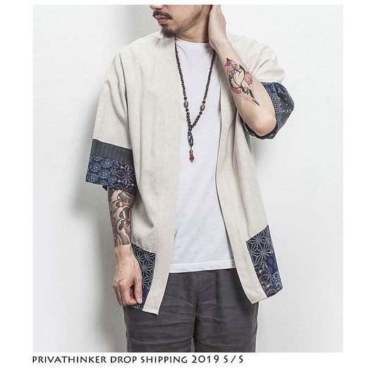 Men Color Block Kimono Black Shirts  Mens Fashions Casual Summer Shirts Male Designer Vintage Shirt Plus Size
