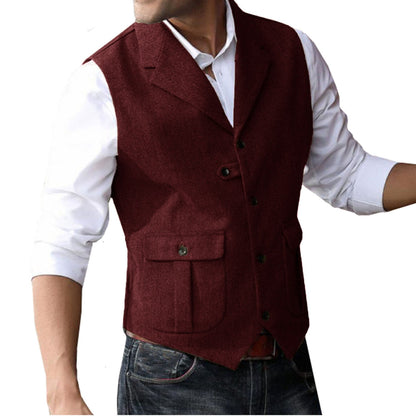 Men's 5 Button Herringbone Tweed Tailored Collar Suit Vest 2 Pockets Casual Victorian Style