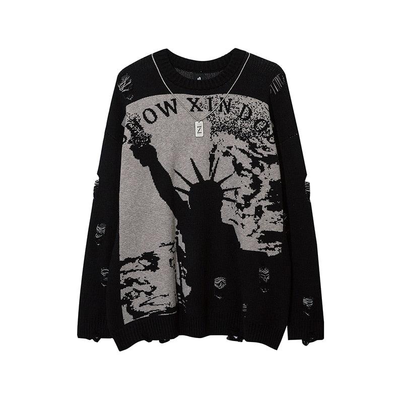 Harajuku Printed Knitwears Women Streetwear Hip Hop Destroyed Hole Ripped Pullovers Jumper Oversized Men