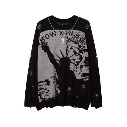 Harajuku Printed Knitwears Women Streetwear Hip Hop Destroyed Hole Ripped Pullovers Jumper Oversized Men