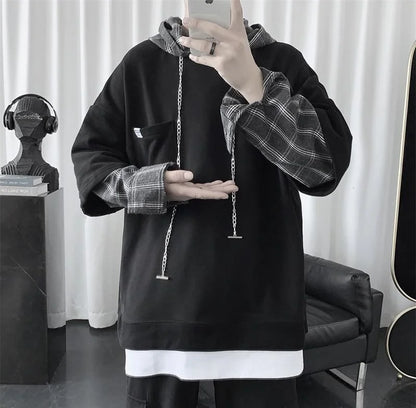 saferido Hooded sweater men's autumn Korean fashion versatile top loose fake two striped hip hop handsome coat