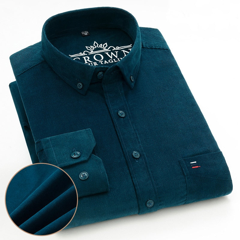 Plus Size S~7XL Corduroy Shirt Men Casual Long Sleeve Regular Fit Business Dress Shirts For Male Soft Leisur Comfortable Pocket