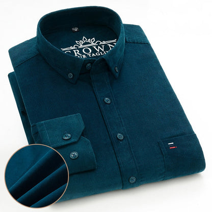 Plus Size S~7XL Corduroy Shirt Men Casual Long Sleeve Regular Fit Business Dress Shirts For Male Soft Leisur Comfortable Pocket