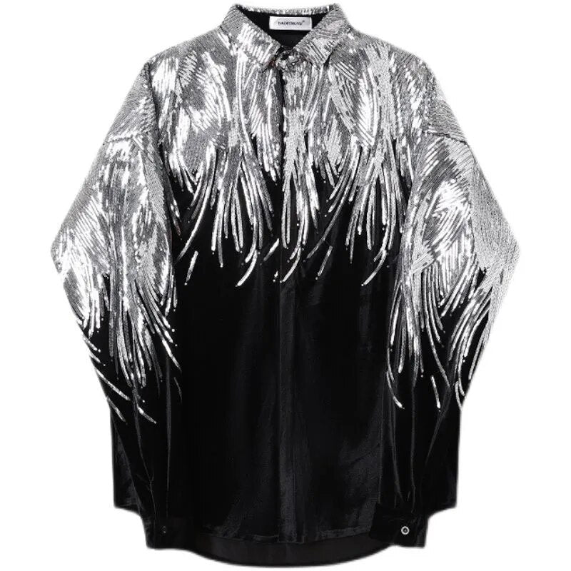 Embroidery Sequin Velvet Fashionable Temperament Men's Long Sleeve Shirts Lapel Personal Design Oversized Tops 9Y6658