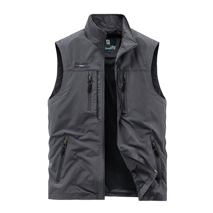 Men's Leisure Vest Solid Color Tooling Style Waistcoat Thin Fishing Hiking Multi-Pocket Casual Loose Vest for Men