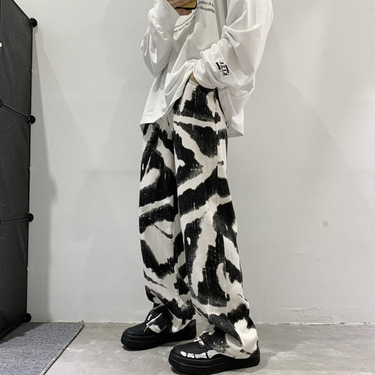 Blue Black Tie-dye Jeans Men Fashion Print Casual Baggy Jeans Mens Streetwear Loose Hip-hop Straight Denim Trousers Men M-2XL