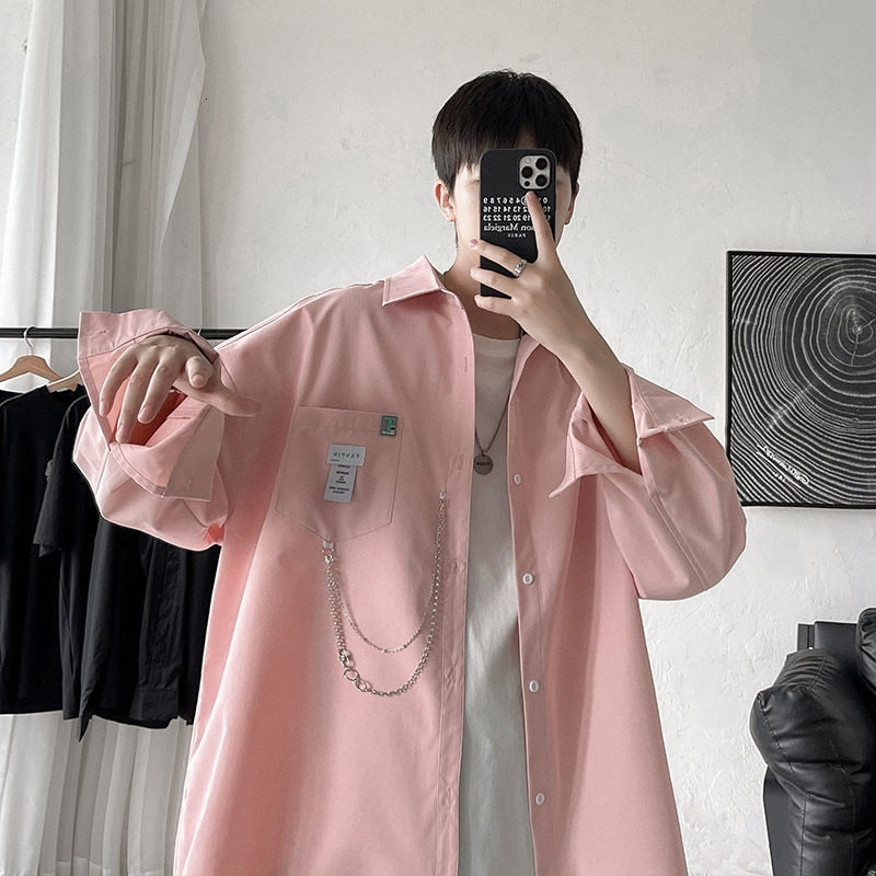 Oversized Short Sleeve Shirt For Men Streetwear Blouse Harajuku Chain Fashion Men's Shirts Korean Clothes Men's Clothing