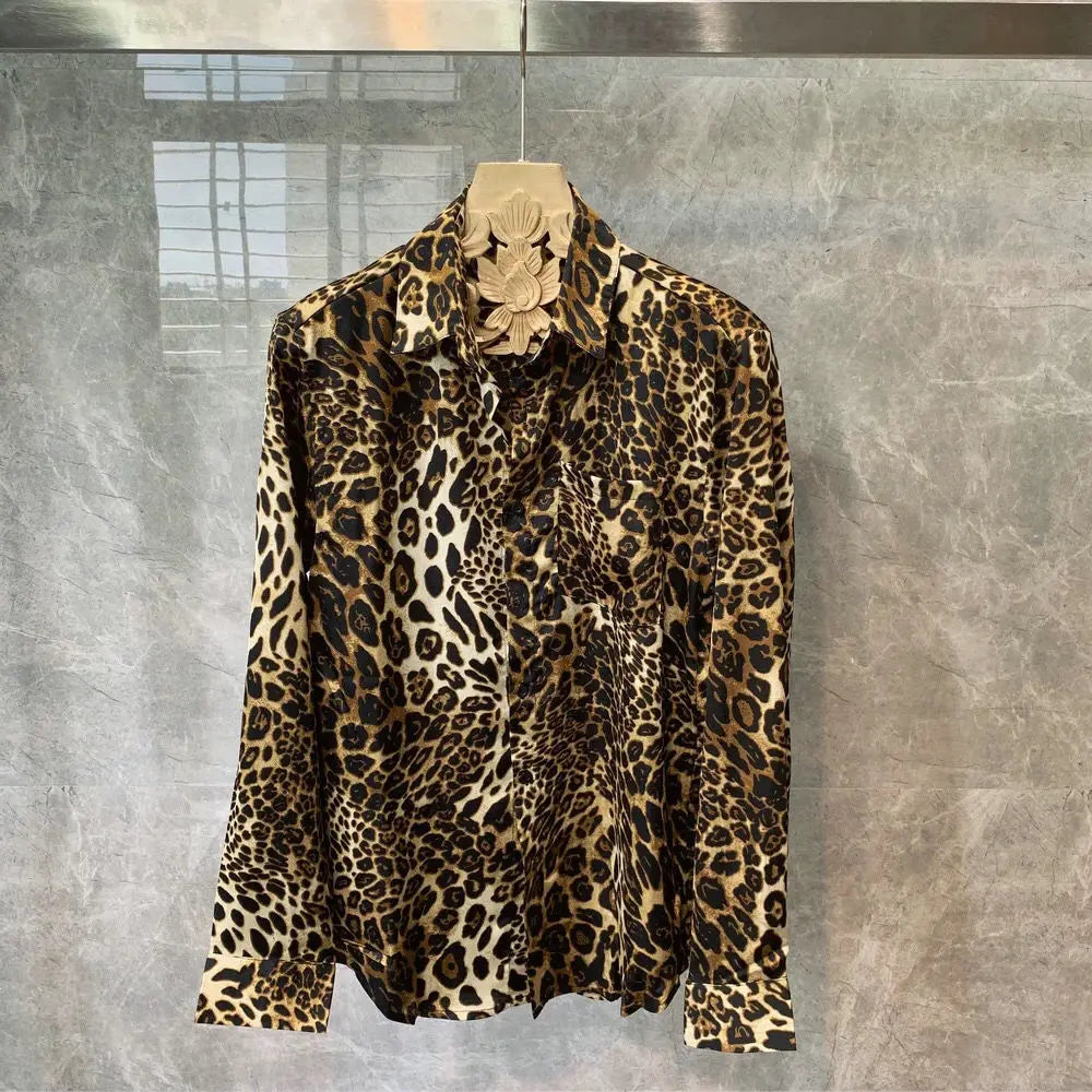Men Spring High Quality Printed Leopard Shirts Men Fashion Casual Business Shirts Male Long Sleeve Slim Fit Blouses O203