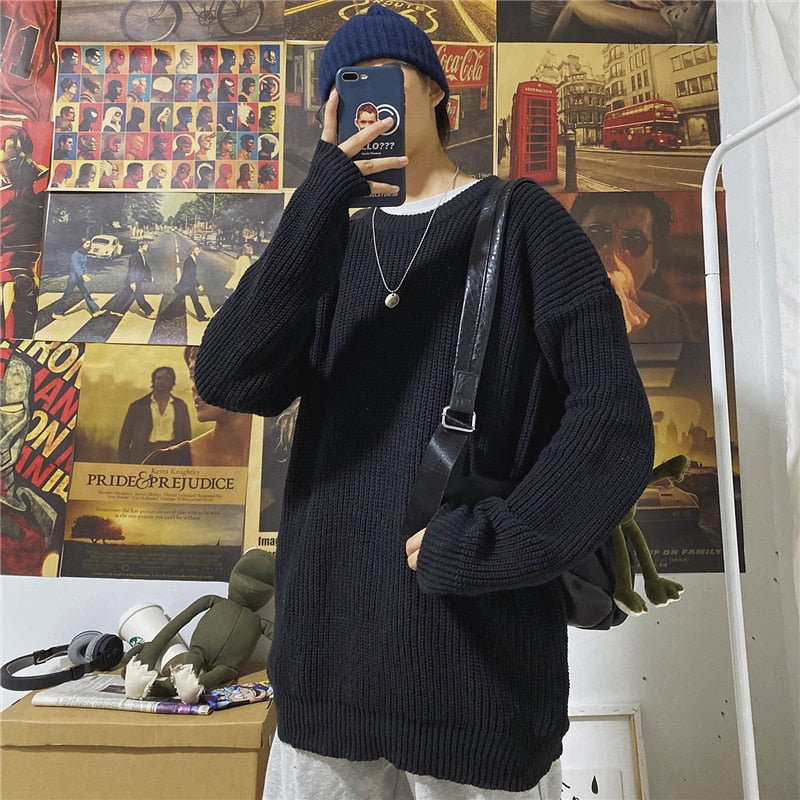 Winter Ribbed Pullovers Men Cozy Loose O-neck Solid Sweaters Couples Knitted Retro Warm Long Sleeve Korean Style Teens Jumpers