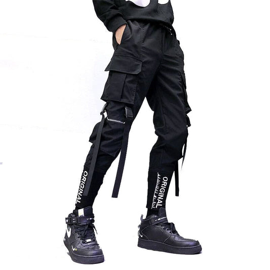 Hip Hop Men Ribbons Cargo Pants Fashion Harajuku Elastic Waist Casual Streetwear Mens Joggers Trousers Black