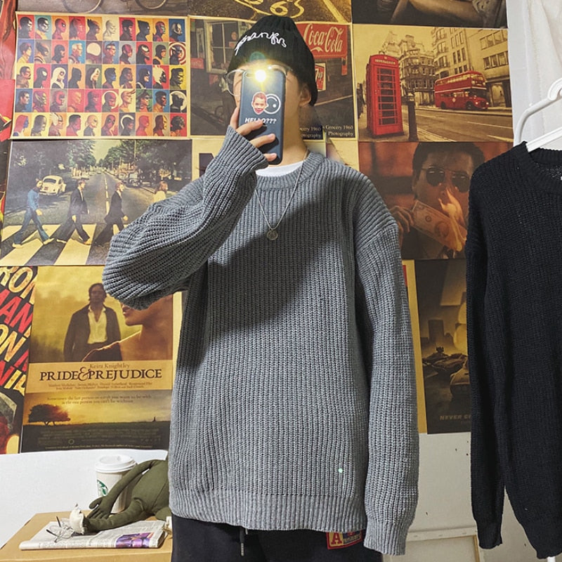 Winter Ribbed Pullovers Men Cozy Loose O-neck Solid Sweaters Couples Knitted Retro Warm Long Sleeve Korean Style Teens Jumpers