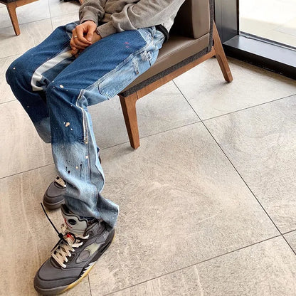 Distressed Splash Ink Flare Jeans Urban Streetwear Patch Mens Graffiti Wide Jean Hip Hop Washed Blue Slim Fit Denim Pants Men