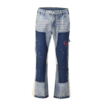 Vintage Patchwork Flare Jeans Urban Men Streetwear Wide Leg Denim Pant Hip Hop Black Colorblock Slim Fit Denim Jeans for Men