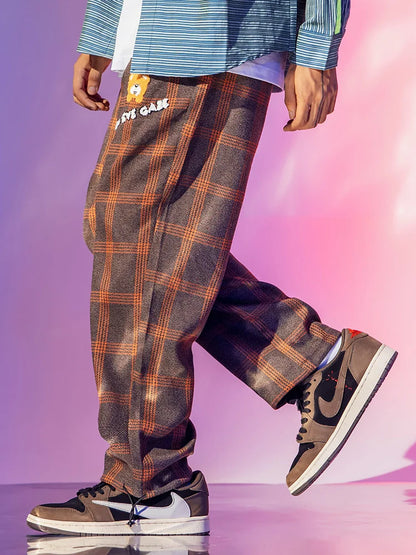 saferido Sweatpants Plaid pants men's national fashion large men's elastic pants add fat men's pants fashion fat man spring pants men's pants