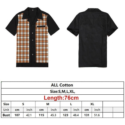 Brand Plaid Shirts Men's Blouse Patchwork Short Sleeve Casual Button Down Shirts Camiseta Retro Hombre Bowling Dress Male Shirts