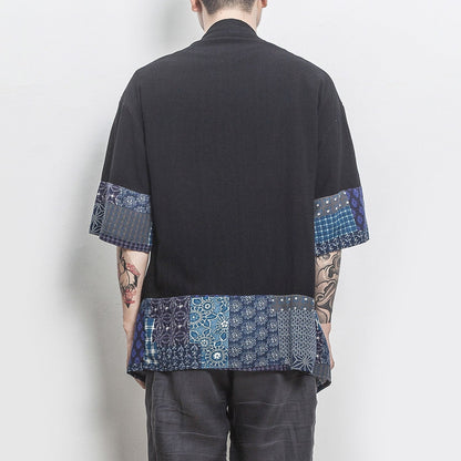 Men Color Block Kimono Black Shirts  Mens Fashions Casual Summer Shirts Male Designer Vintage Shirt Plus Size