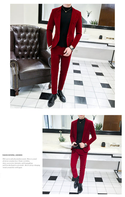 Elegant Wine Red Suits Mens Velvet Luxury Suits For Mens Groom Wedding Velour Suits Gentlemen Dress 2 pcs Flannel Green Burgundy
