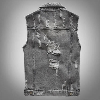 Spring Autumn Vintage Design Mens Denim Vest Male Retor Sleeveless Jackets Men Ripped Hole Jean Waistcoats Clothing 5XL
